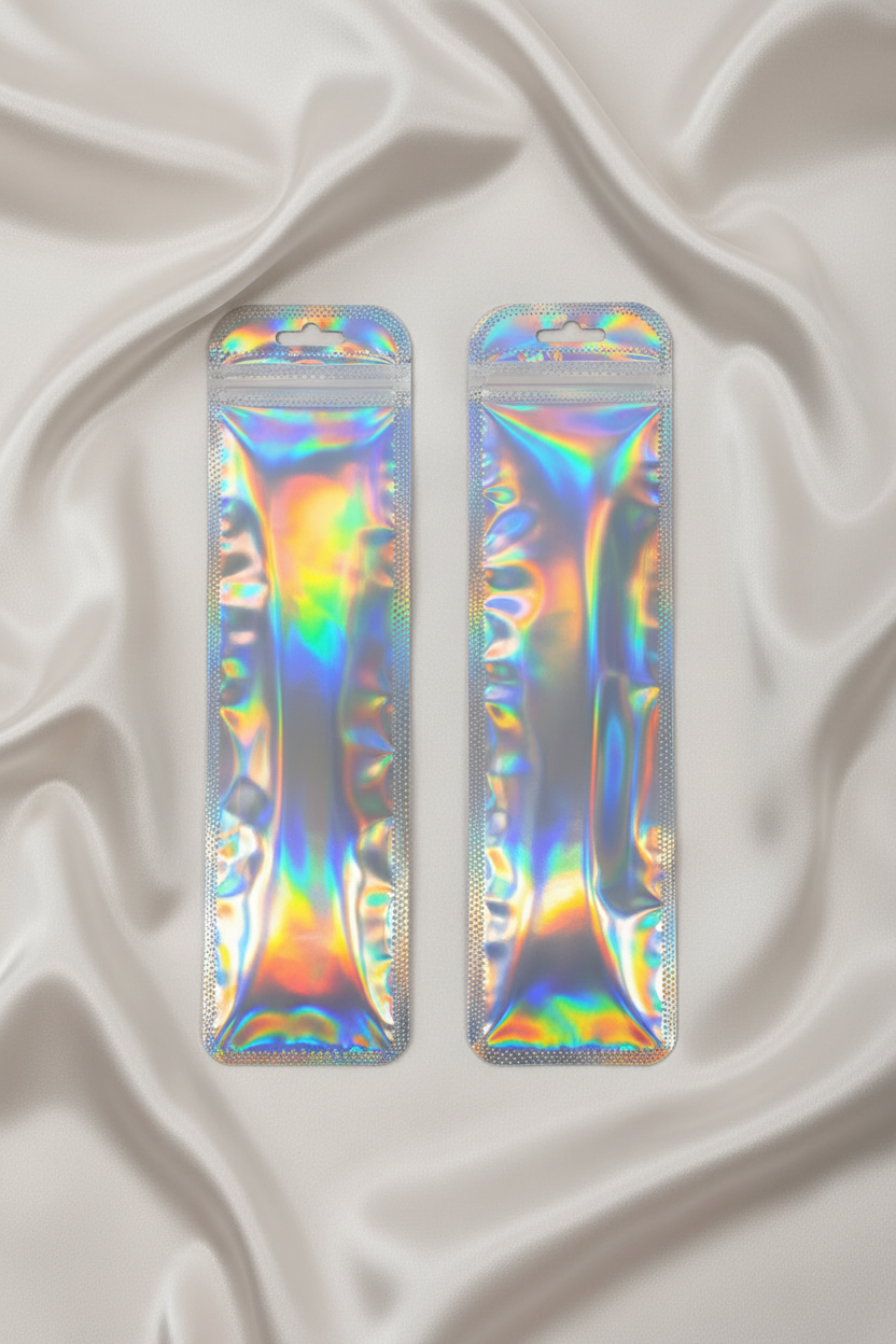 Holographic iridescent packaging bags for DIY beaded accessories on satin background