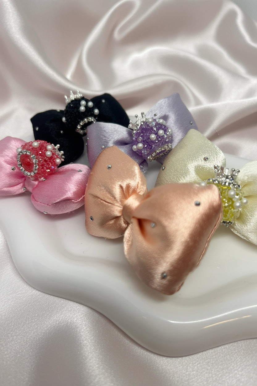 Handmade beaded satin bows with pearl and crystal accents, DIY craft accessories for hair or decor