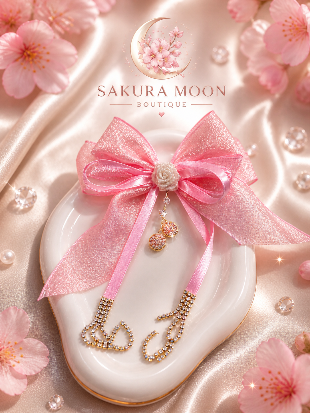 Pink ribbon hair accessory with crystal beads and cherry blossoms, handmade DIY craft supply