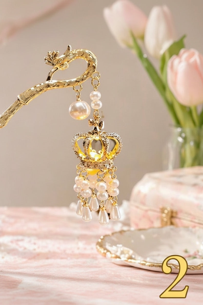 Gold crown hairpin with pearls and beads, handmade beaded accessory for DIY crafts
