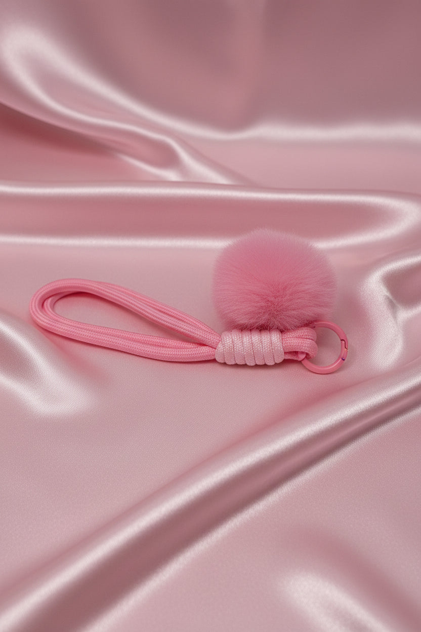 Pink fluffy pom pom hair tie with keychain on satin fabric, handmade accessory for crafts
