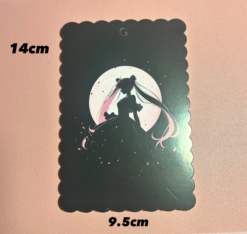 Black scalloped tag with anime girl silhouette against moon, 14x9.5cm, for DIY crafts & handmade accessories