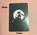 Black scalloped tag with anime girl silhouette against moon, 14x9.5cm, for DIY crafts & handmade accessories