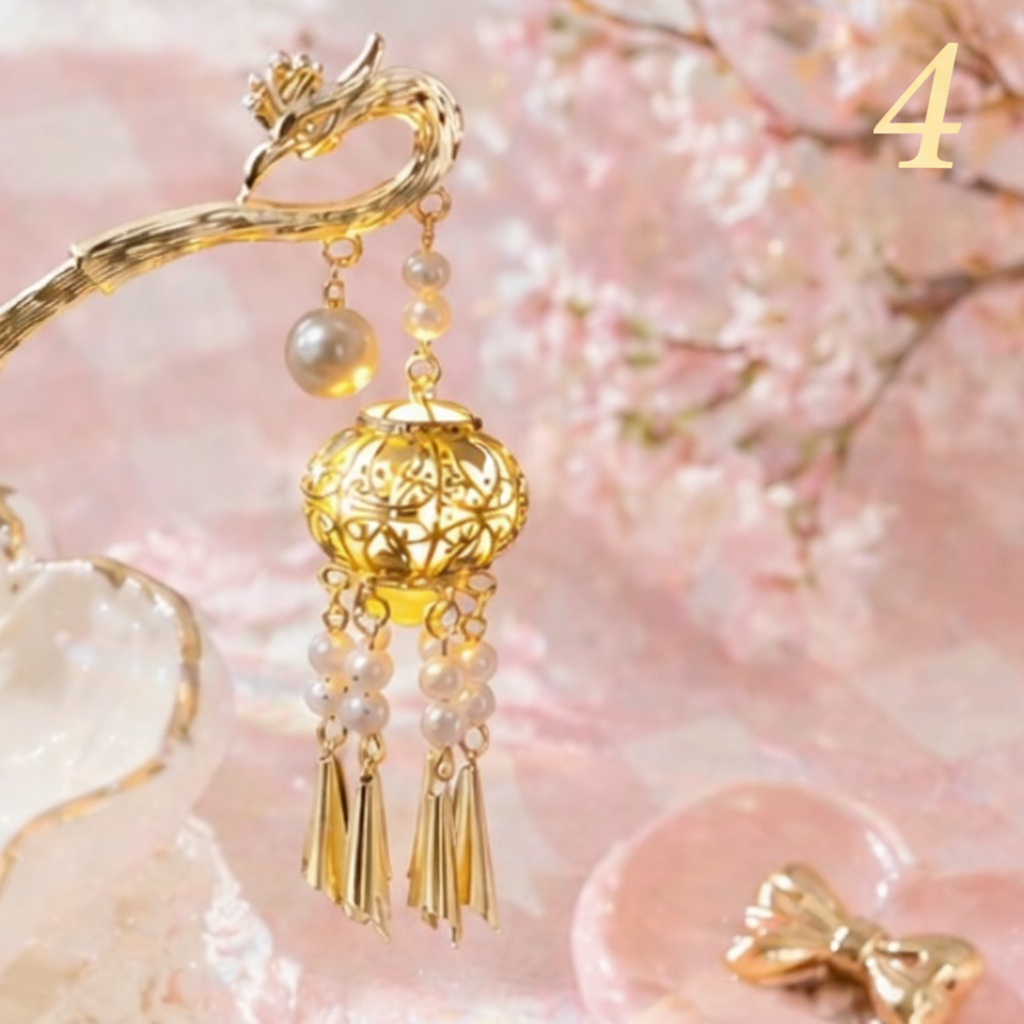 Gold filigree lantern hairpin with pearls and tassels, handmade beaded accessory for DIY crafts