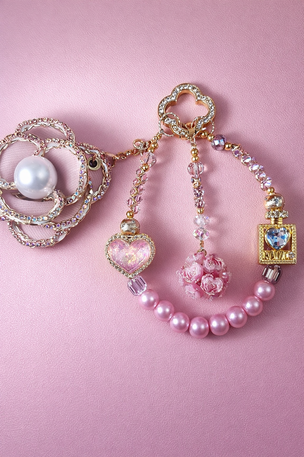 Diamanté flower & heart keychain