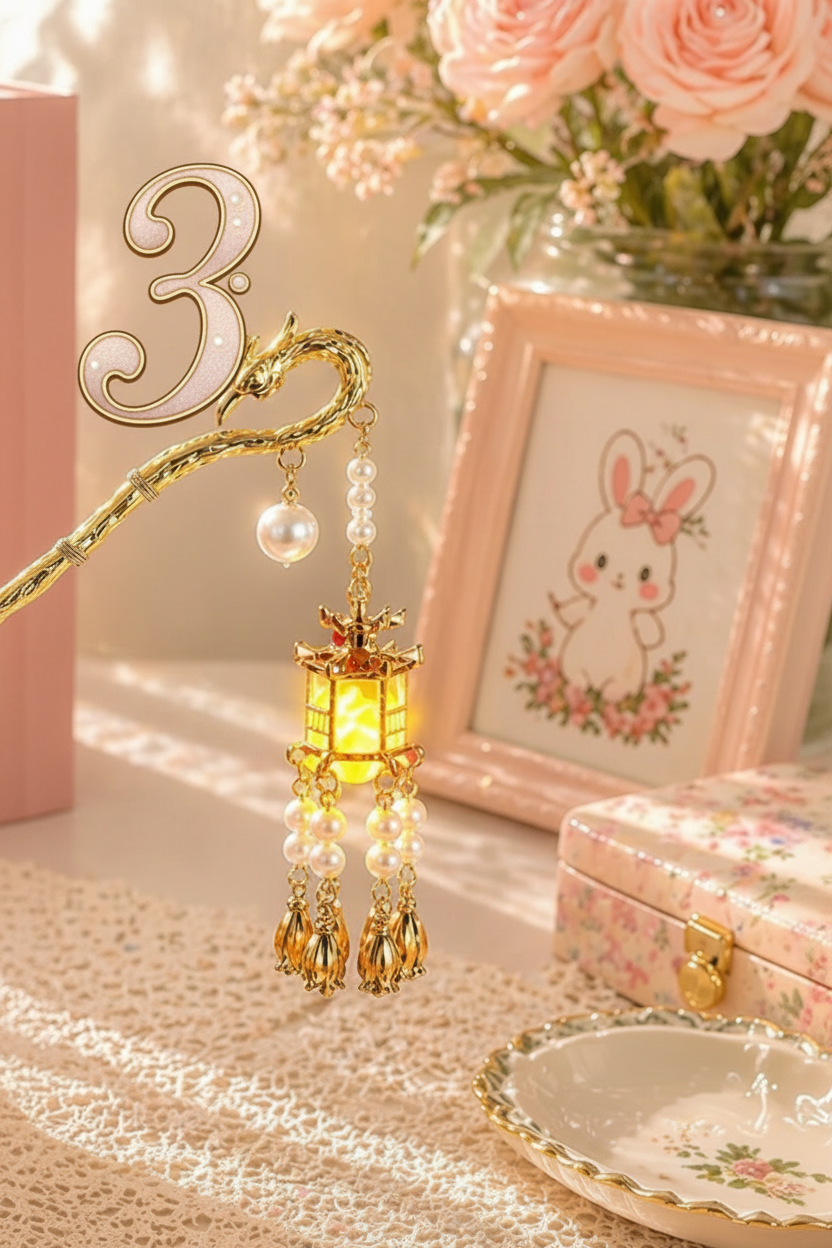 Gold dragon hairpin with glowing lantern, pearls, and tassels, perfect for DIY beaded accessories