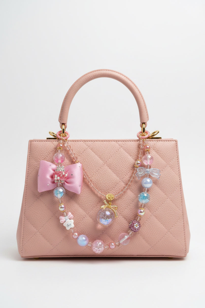 Pink quilted handbag with beaded charm straps, bows, and glitter beads for DIY accessory styling