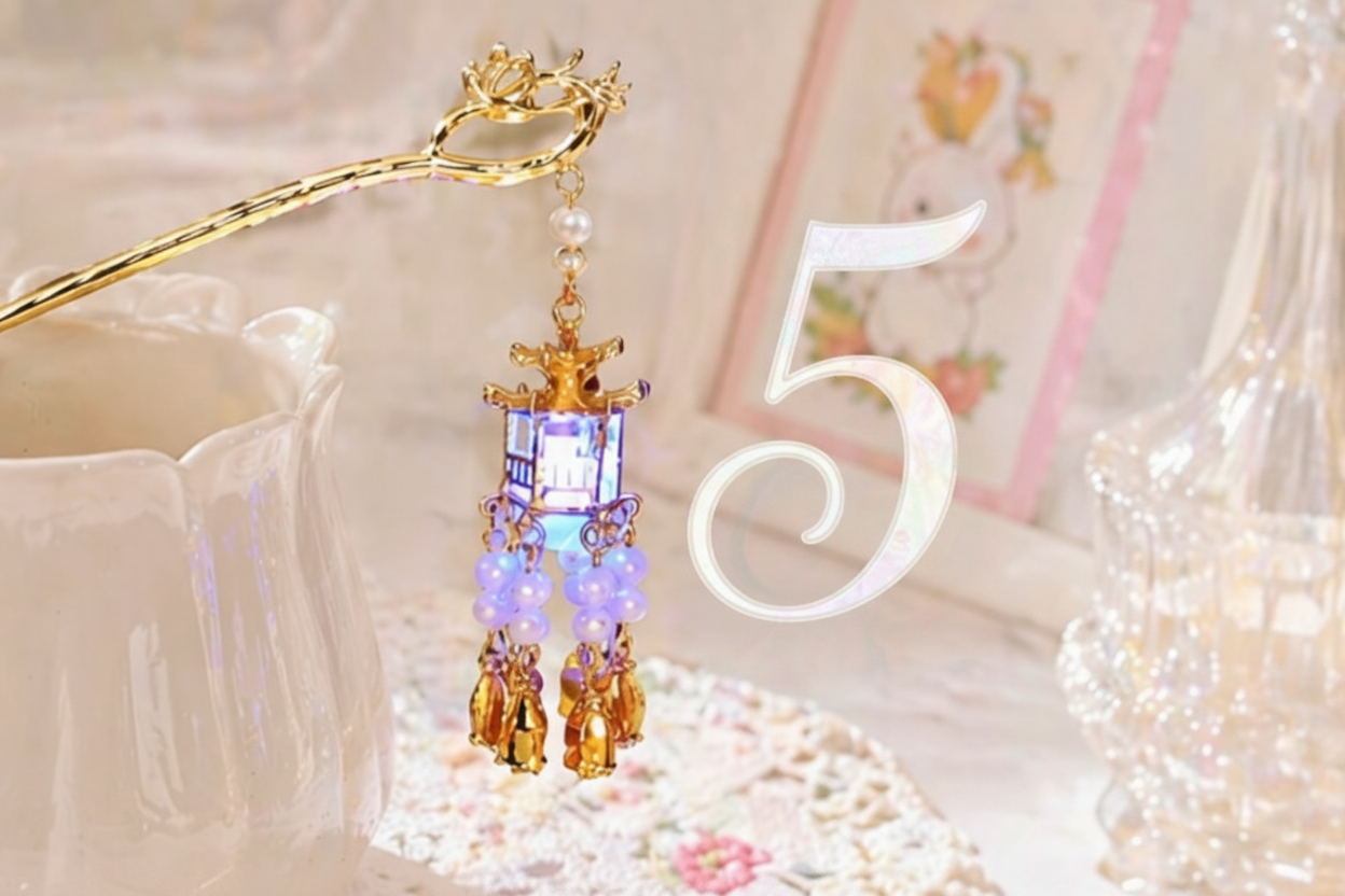Handmade beaded hairpin with glowing lantern charm, purple beads, and gold tassels for DIY accessories