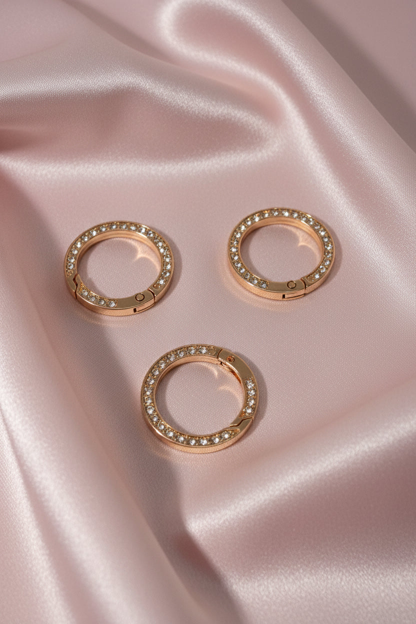 Rose gold hoop earrings with crystal beads on pink satin, handmade DIY jewelry supplies