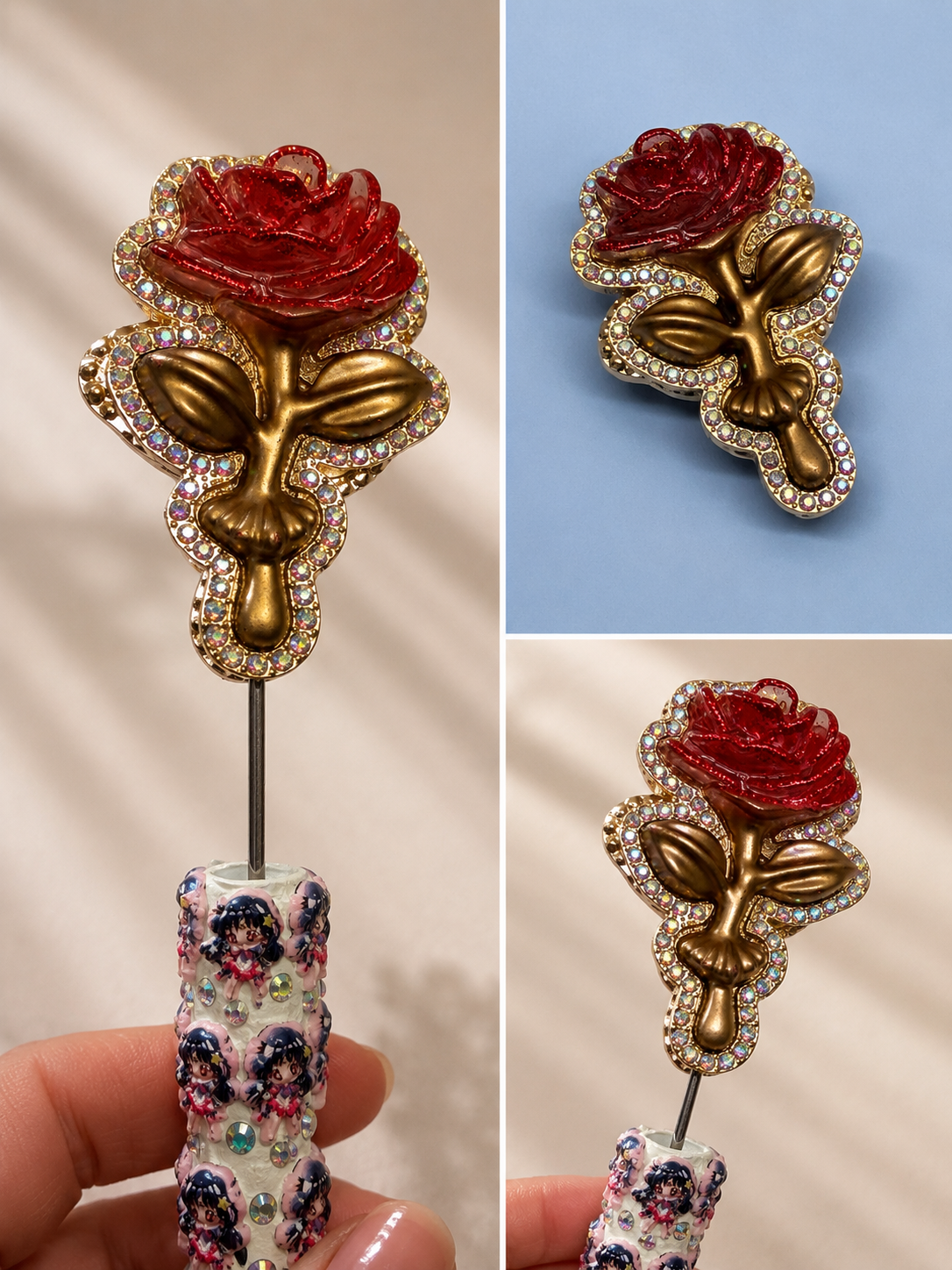 Acrylic gold & red rose diamanté charm fancy bead