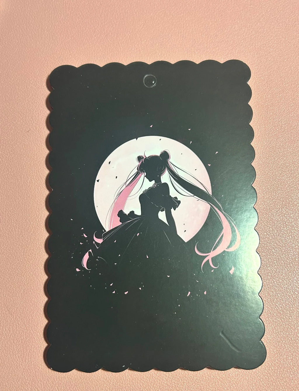 Anime girl silhouette with pink hair against moon, scalloped black tag for DIY crafts