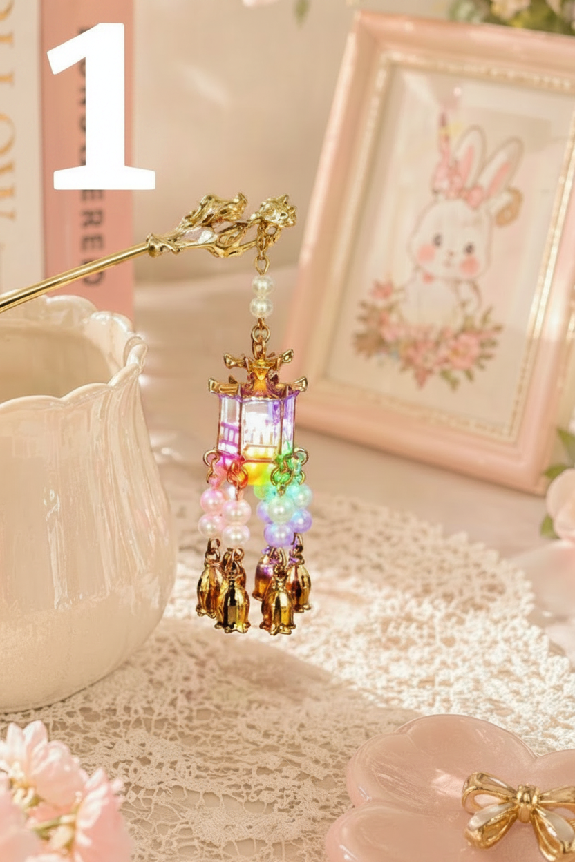 Handmade beaded lantern charm with gold tassels and pastel beads, perfect for DIY accessories and crafts.