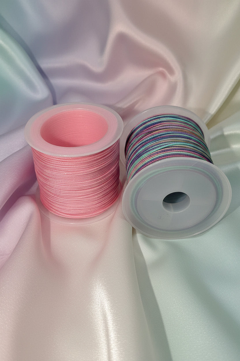 Pink and multicolor beading cord spools for DIY jewelry making on pastel satin fabric