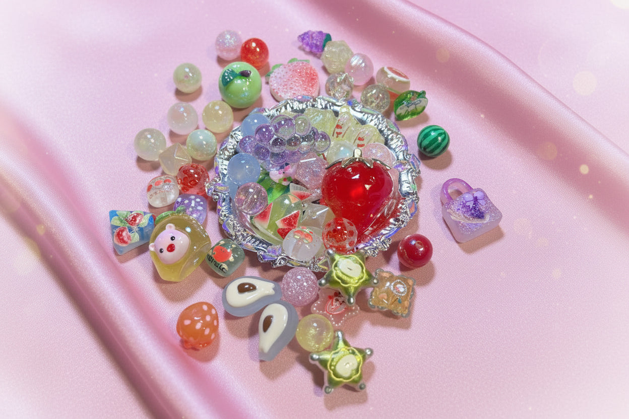 Colorful handmade resin beads and charms for DIY jewelry making on pink satin background