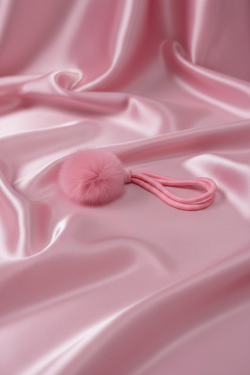 Pink fluffy pom-pom hair tie on satin fabric, handmade accessory for DIY crafts
