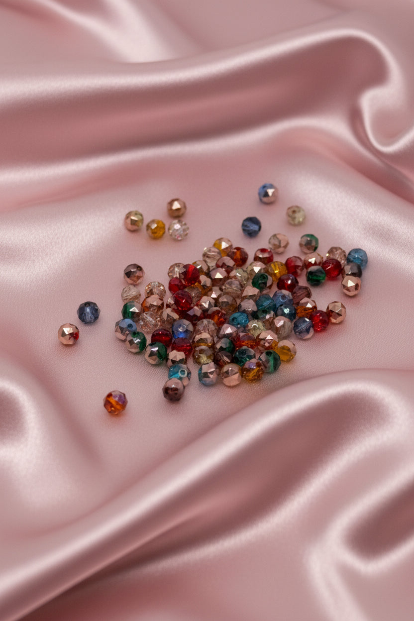 Colorful faceted beads for DIY jewelry making on pink satin fabric