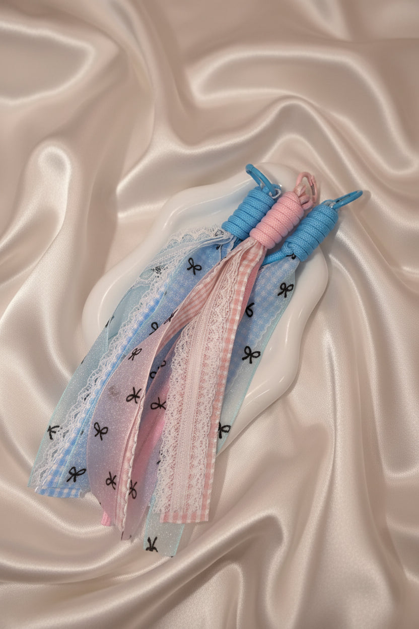 Pastel ribbon tassels with lace and bow prints, perfect for DIY accessories and handmade crafts