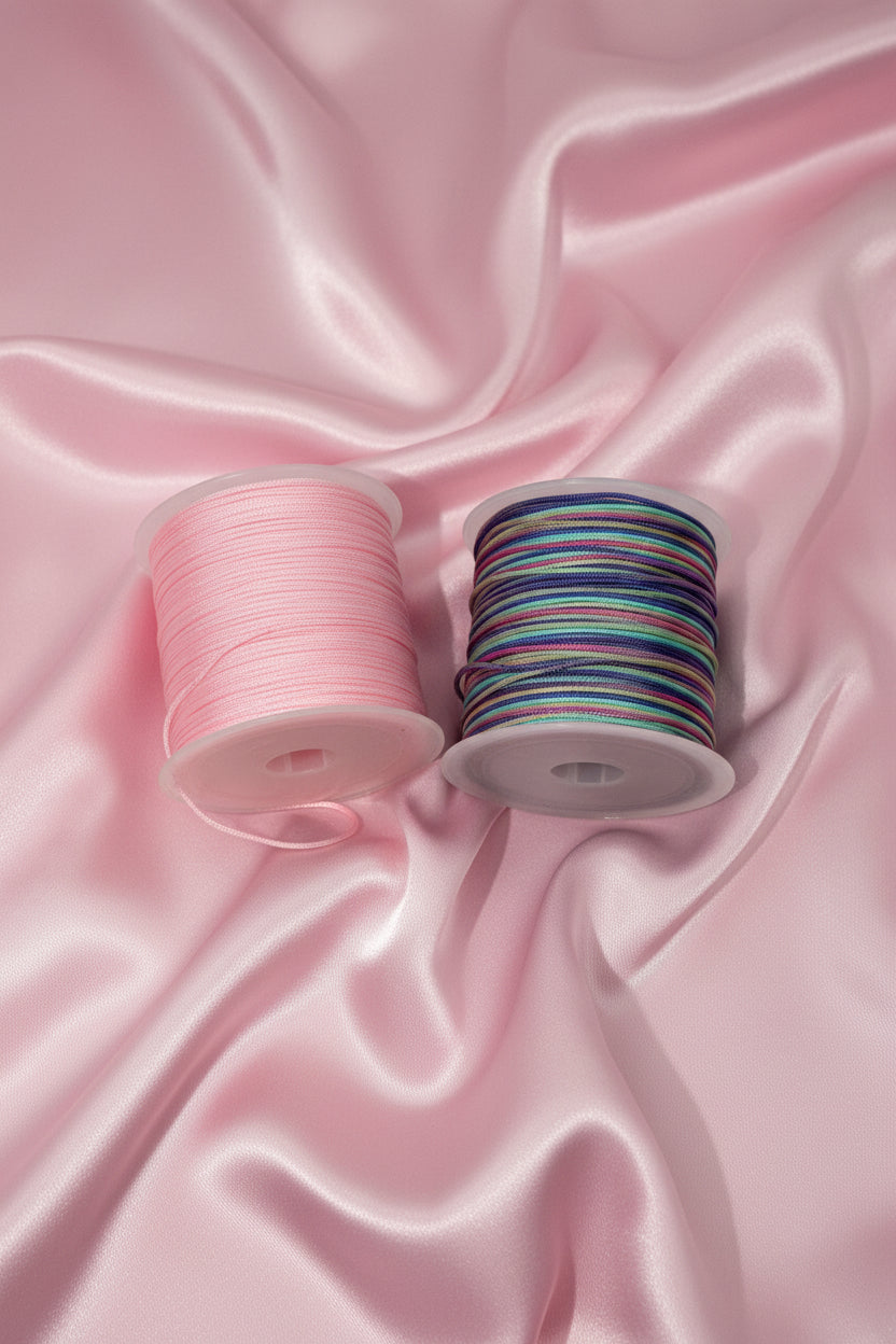 Pink and multicolor beading cord spools on satin fabric for DIY jewelry making
