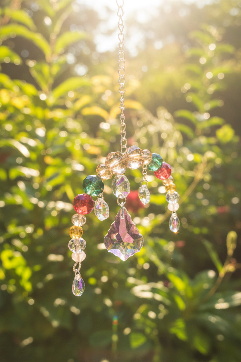 Handmade beaded suncatcher with colorful crystals hanging outdoors, catching sunlight for garden decor