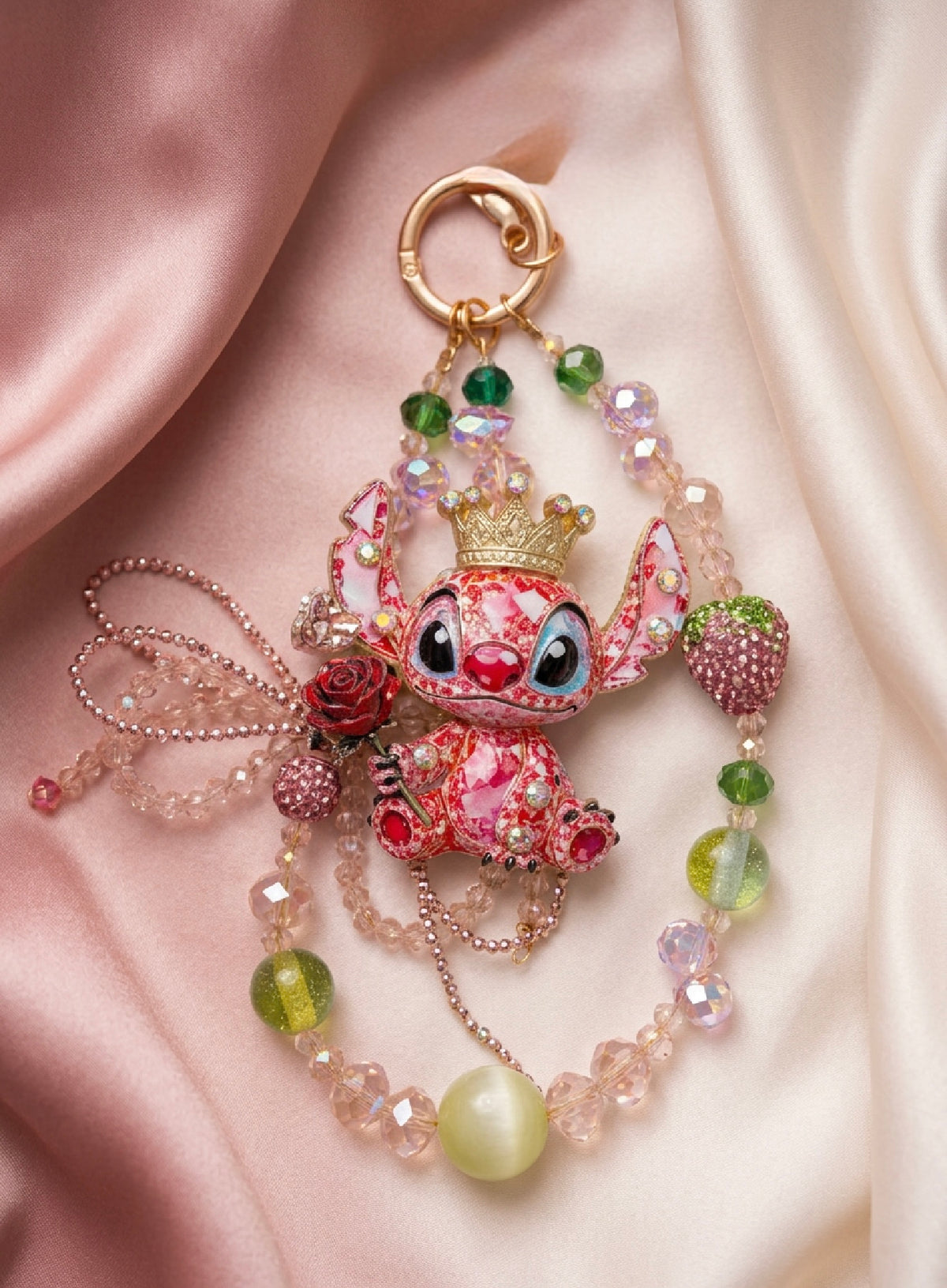 New - glass beaded keychain pink metal stitch