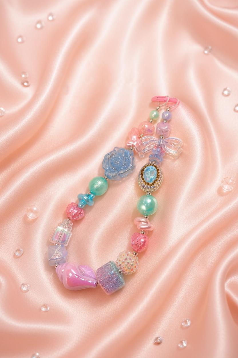Pastel beaded phone strap with floral and glitter charms on pink satin, handmade DIY accessory