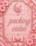 Pink cherry blossom packing video graphic with beaded moon, pearls, and ribbon bow for DIY craft supplies