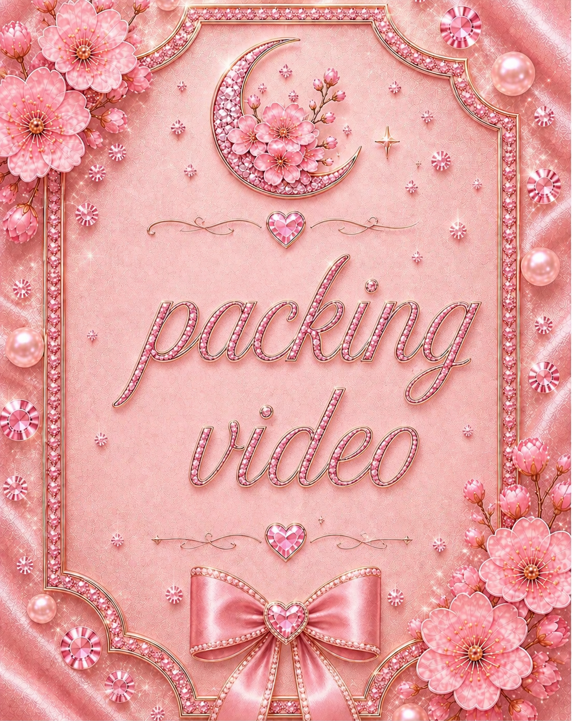 Pink cherry blossom packing video graphic with beaded moon, pearls, and ribbon bow for DIY craft supplies