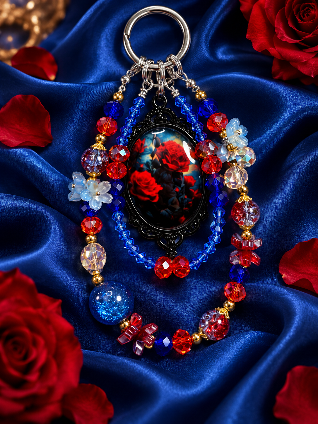New - beaded glass keychain-red & blue rose