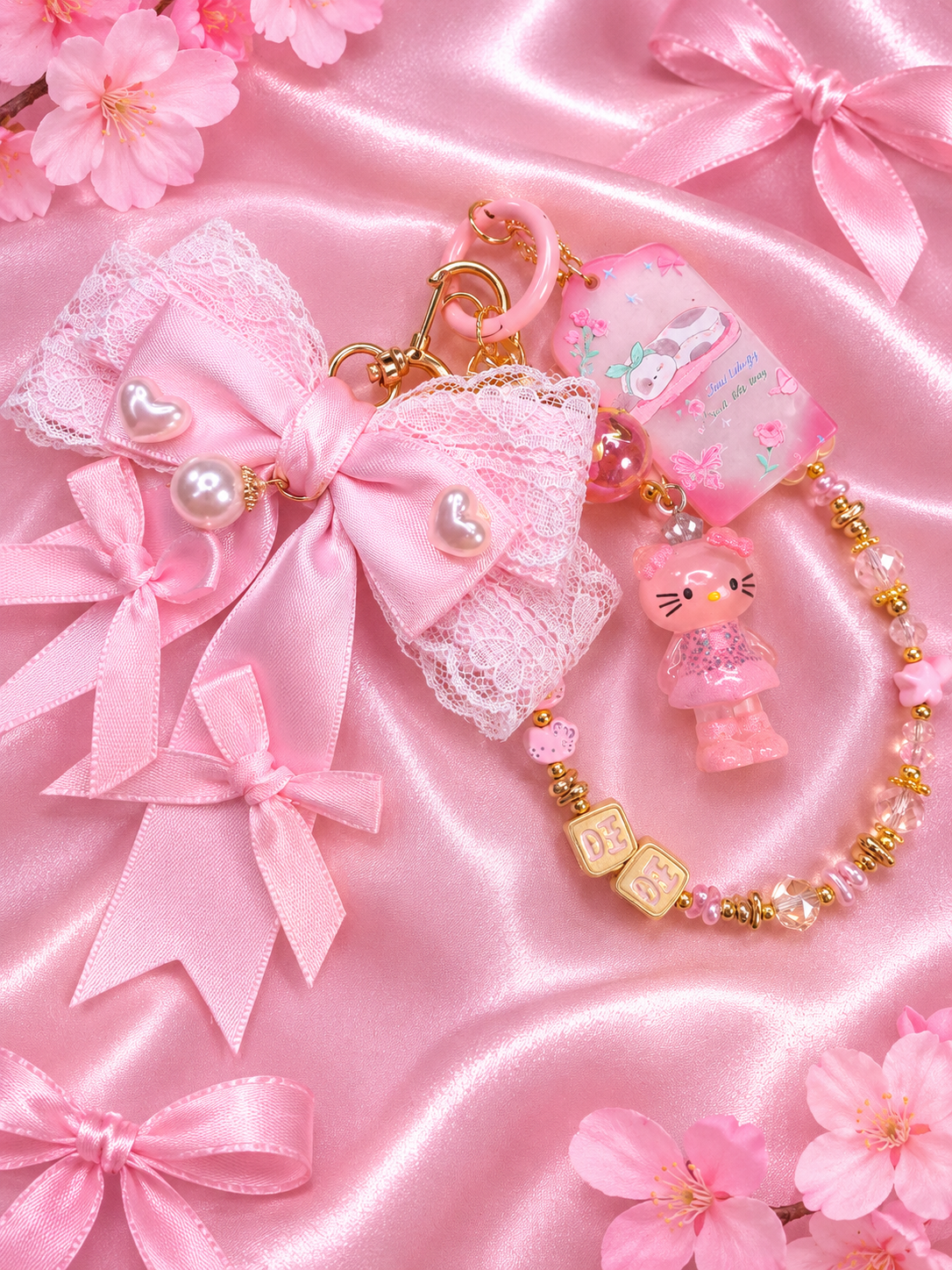 New - beaded metal charm keychain hk pink bow