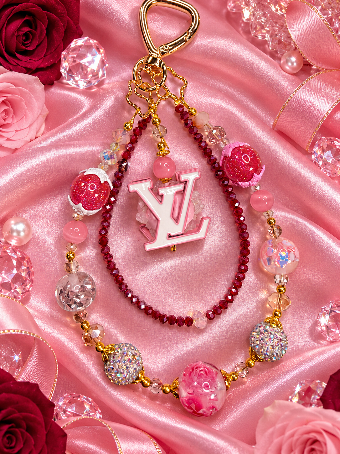 New - glass beaded pink lv keychain