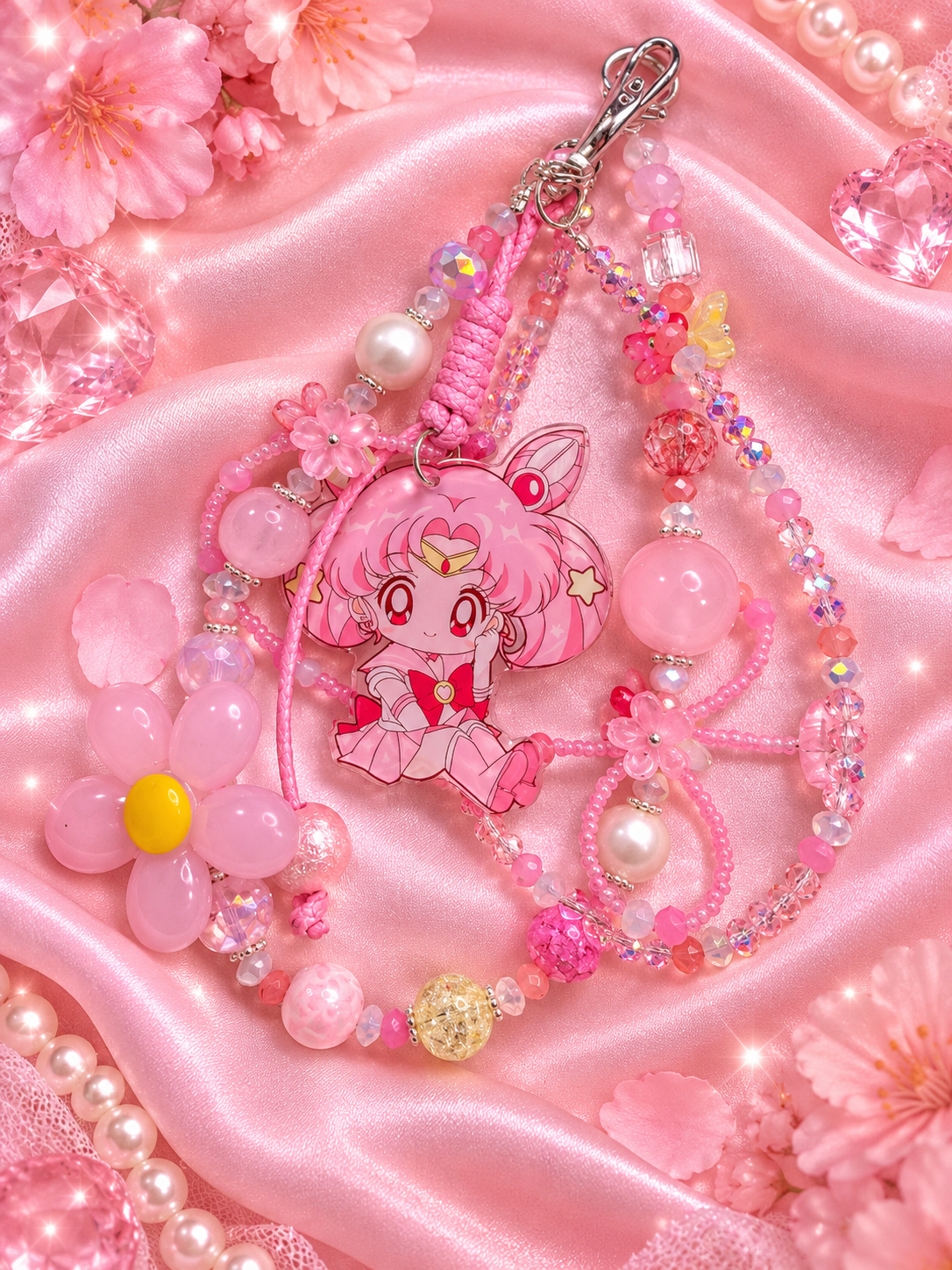 New - beaded pink sailormoon flower keychain