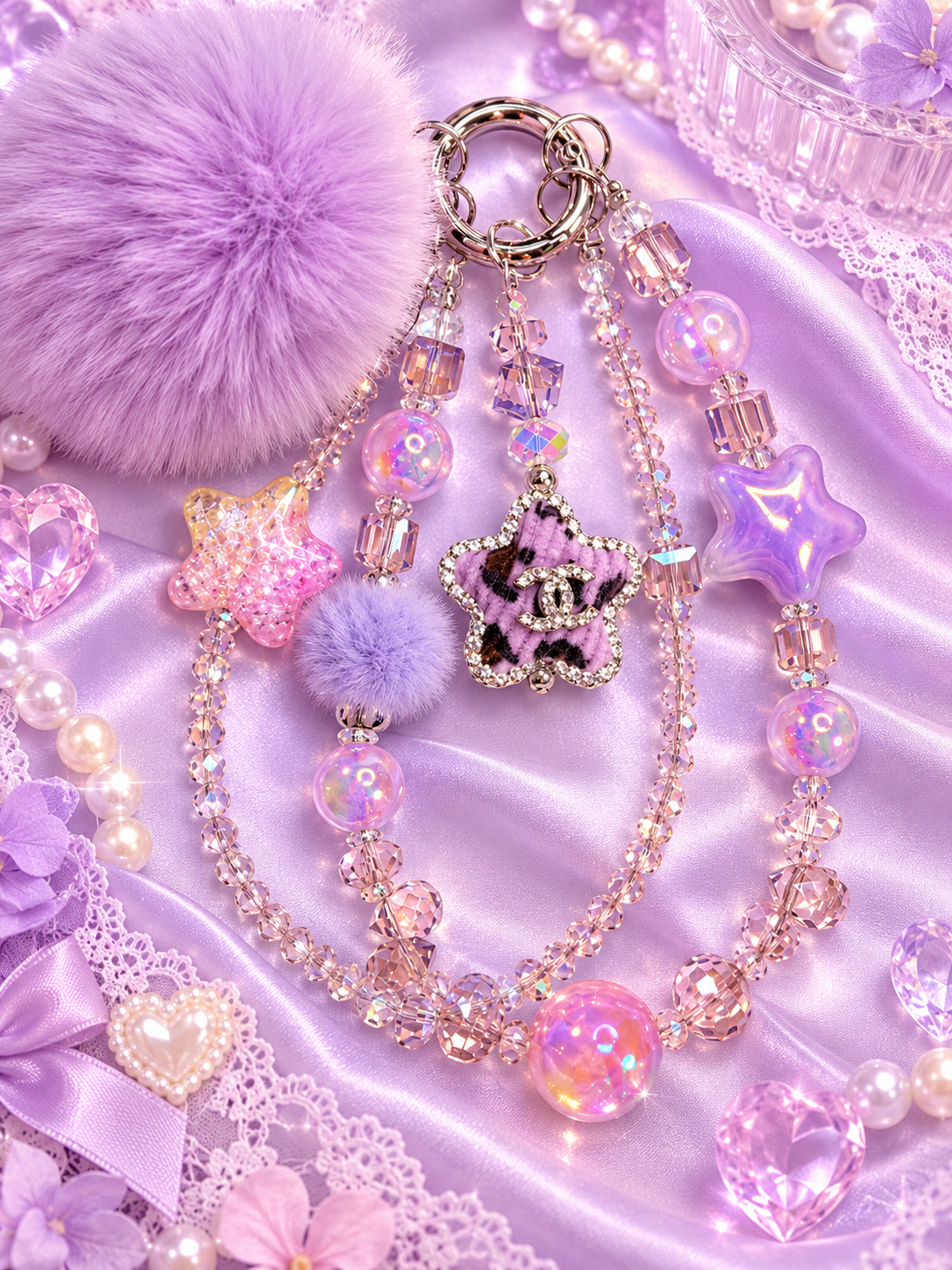 New - beaded glass purple cc pompom  keychain