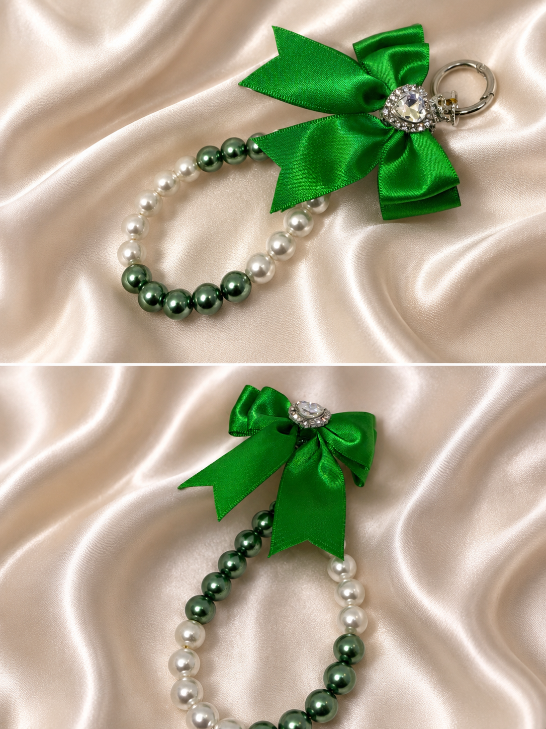 Glass pearl satin bow keychain