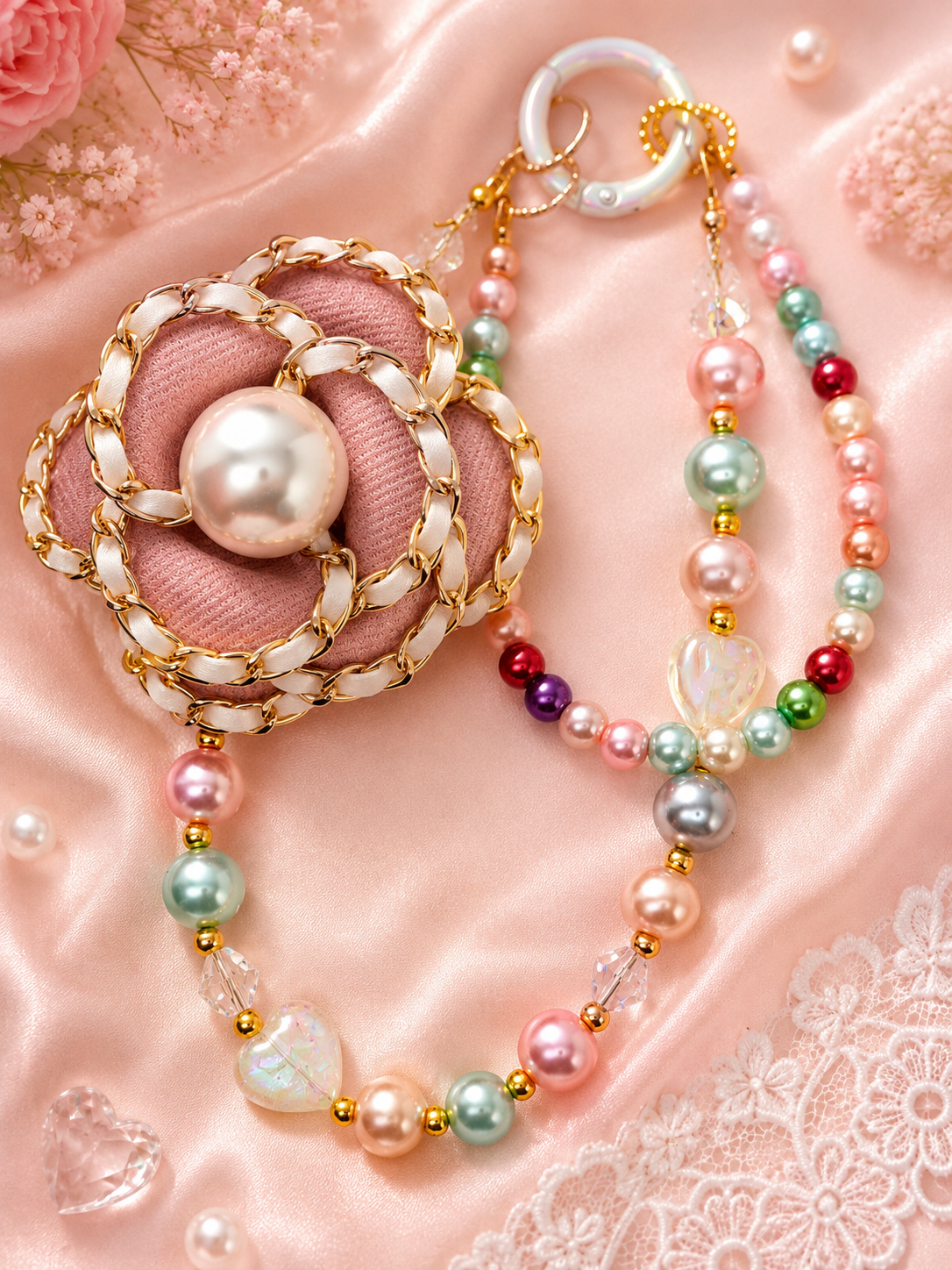 Glass pearl style beaded flower keychain
