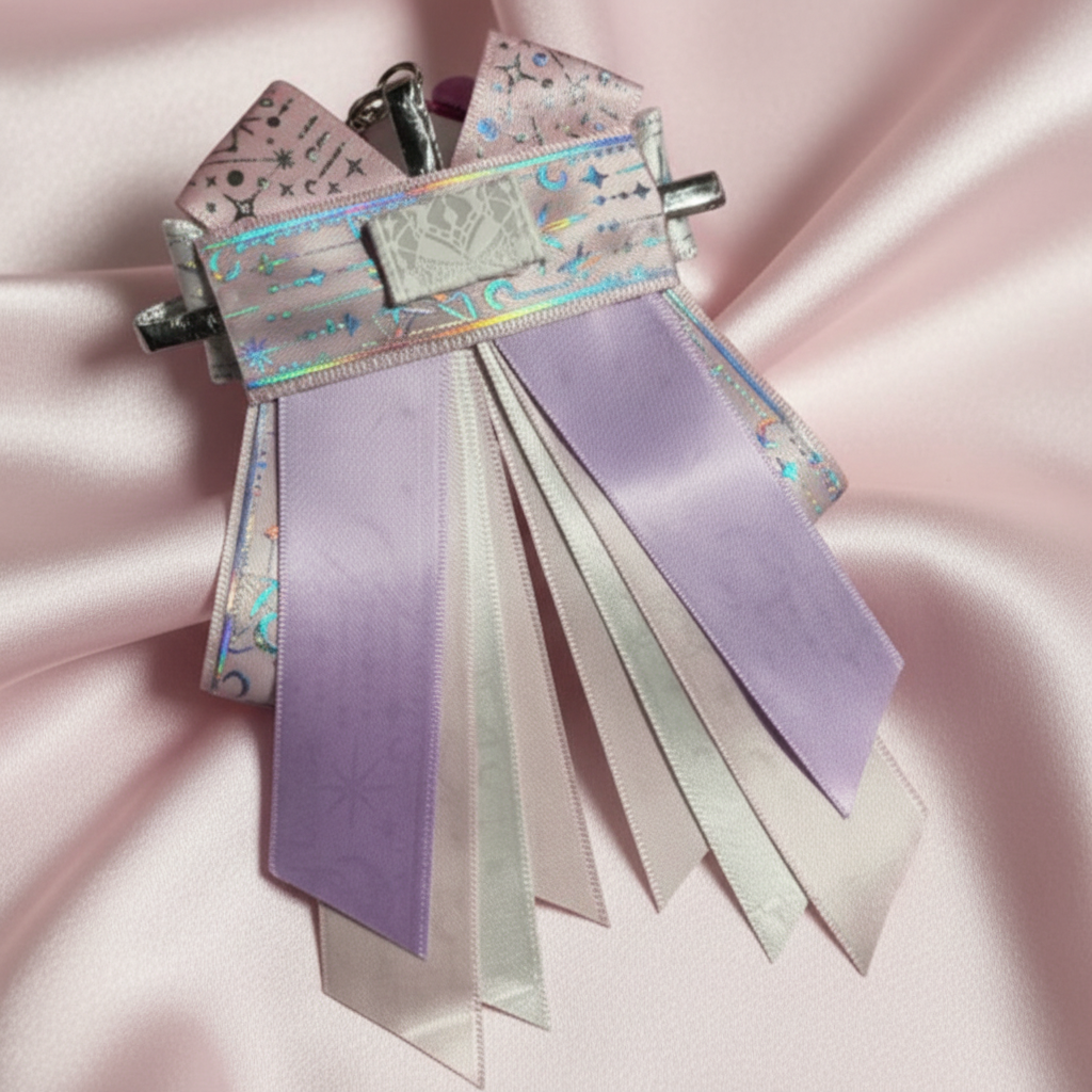 Pastel purple and silver ribbon bookmark with holographic stars, perfect for DIY crafts and handmade accessories.