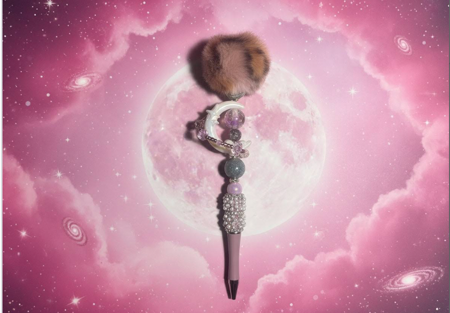 Beaded spiral pen with fluffy topper