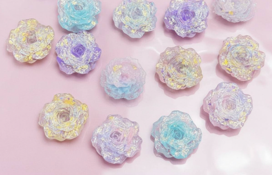 Iridescent resin rose cabochons for DIY jewelry and crafts, handmade beaded accessories supplies