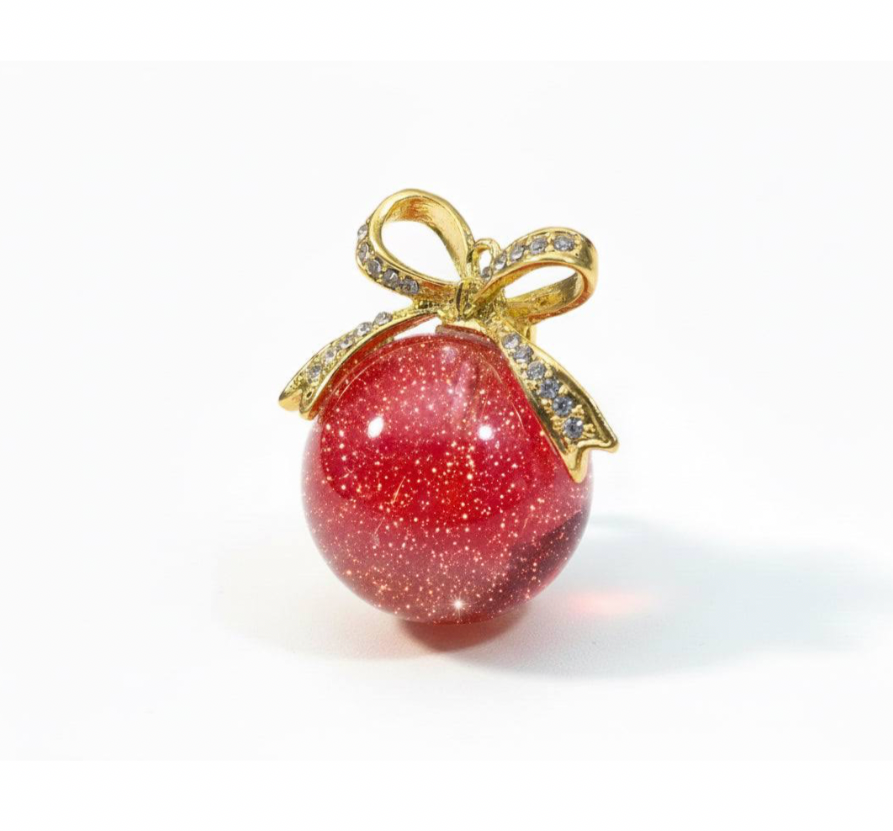Red glitter resin pendant with gold bow and rhinestones, handmade DIY jewelry supply