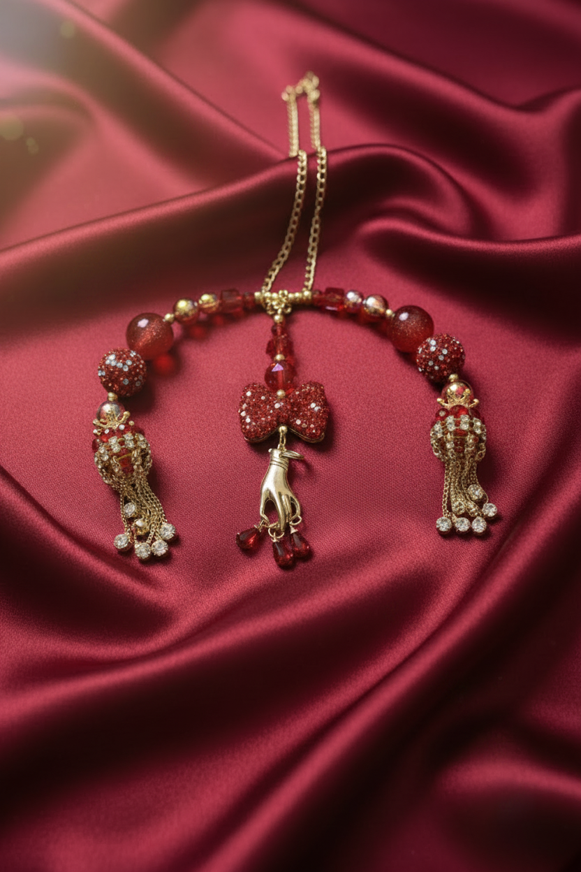 Red beaded necklace with gold chain, bow charm, and tassels on satin fabric