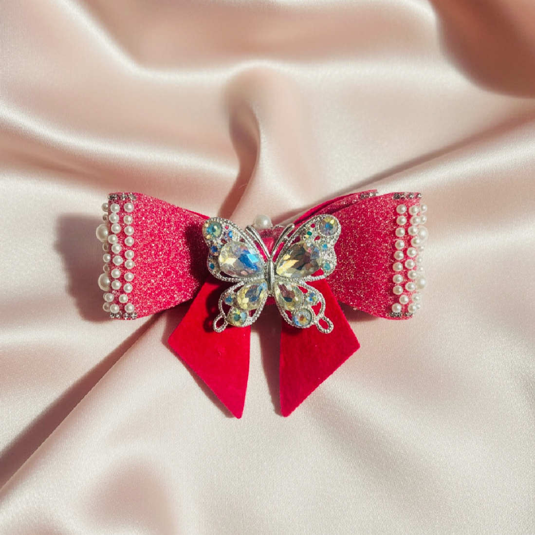 Sparkly red bow hair clip with pearl trim and crystal butterfly, handmade beaded accessory