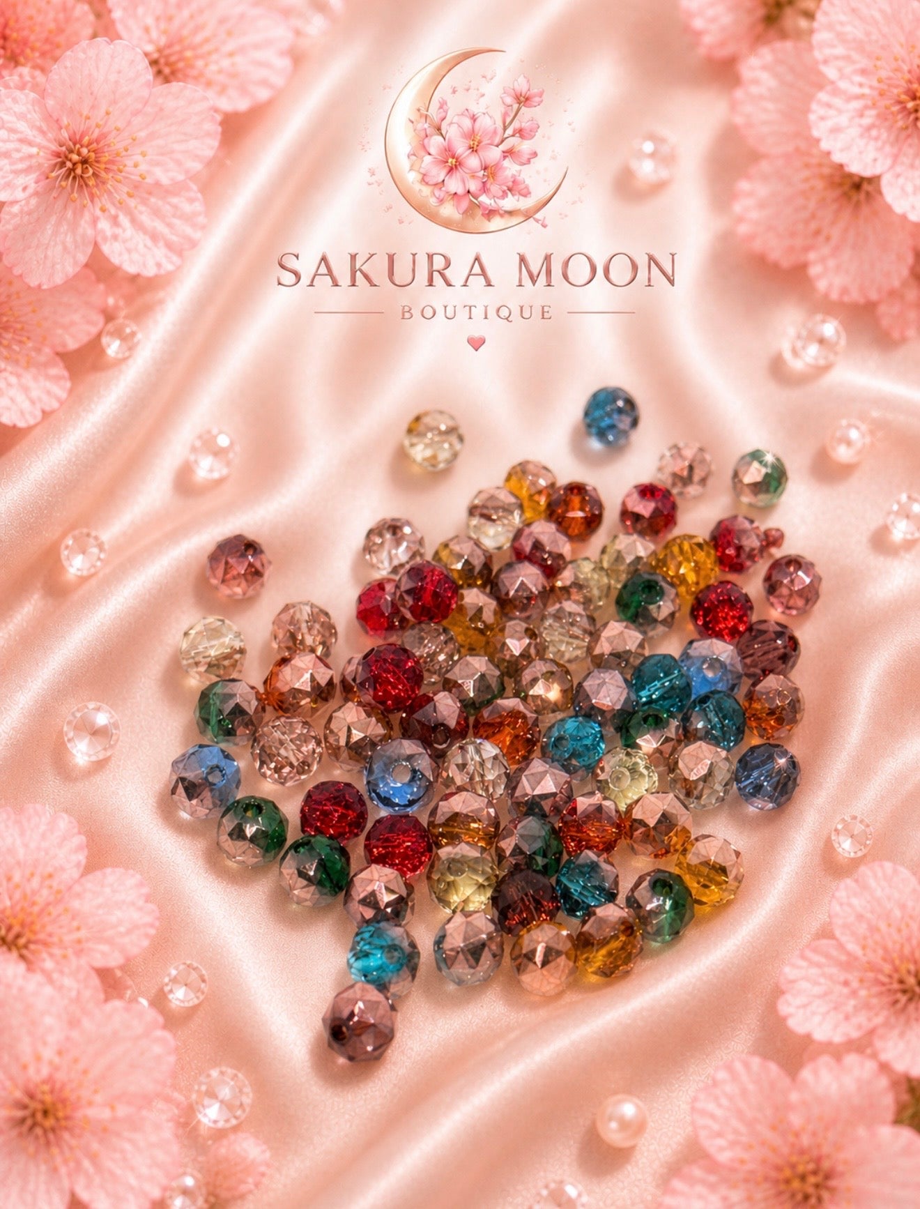 Colorful faceted beads for DIY jewelry making on pink silk with cherry blossoms