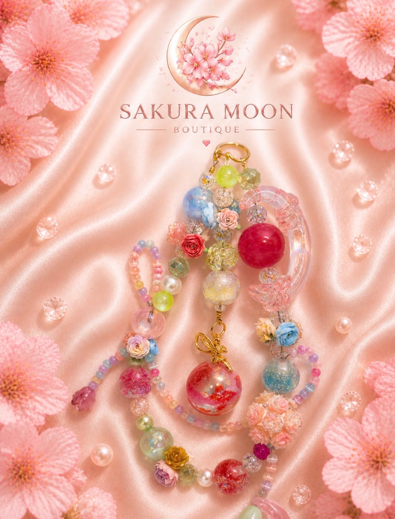 Handmade beaded keychain with floral charms, pastel beads, and crystal accents on pink silk, perfect for DIY accessories.
